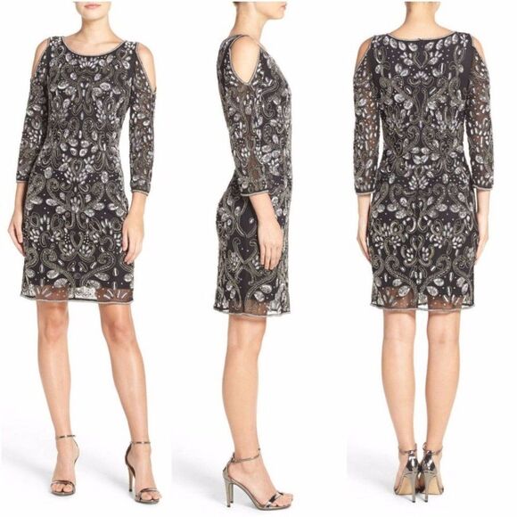Pisarro Nights | Beaded Cold Shoulder Sheath Cocktail Dress - size 6P - Picture 1 of 16
